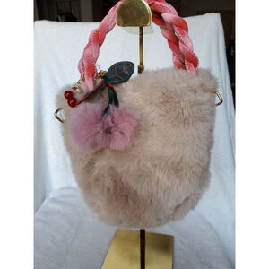 Date Night! Beige Faux Fur Mini Bag with Pink Handle and Cherry Handbag Charm